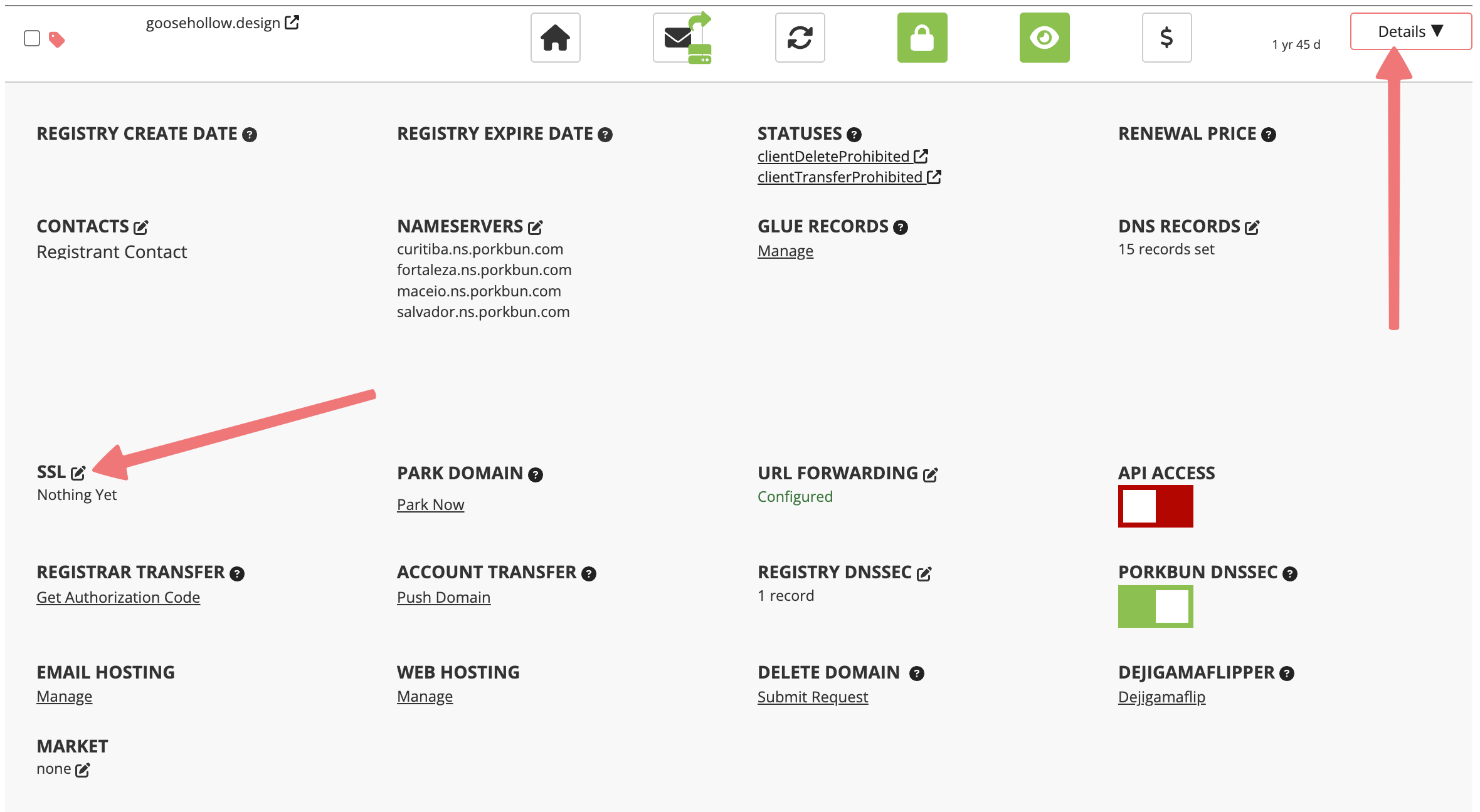 SSL certificate option in domain details menu