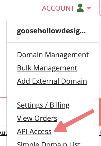 API Access option on account menu