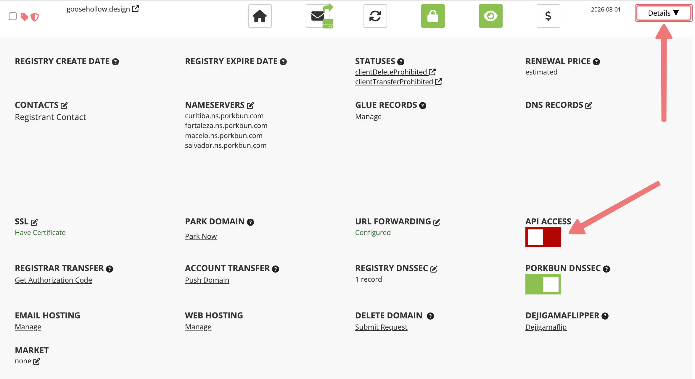 API Access toggle in Domain Management page